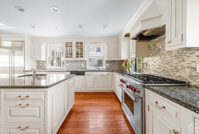 kitchen featuring light wood-type flooring, premium appliances, tasteful backsplash, and white cabinetry