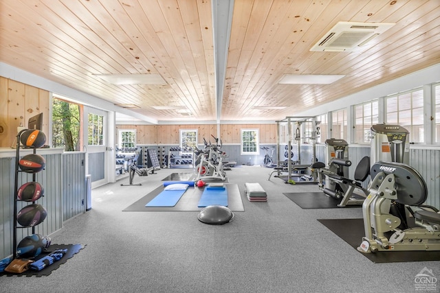 exercise room featuring wooden ceiling, wooden walls, and light colored carpet