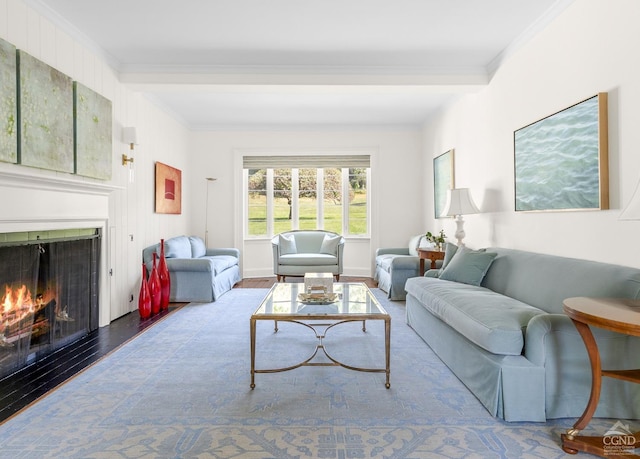 living room with beamed ceiling, hardwood / wood-style flooring, and crown molding