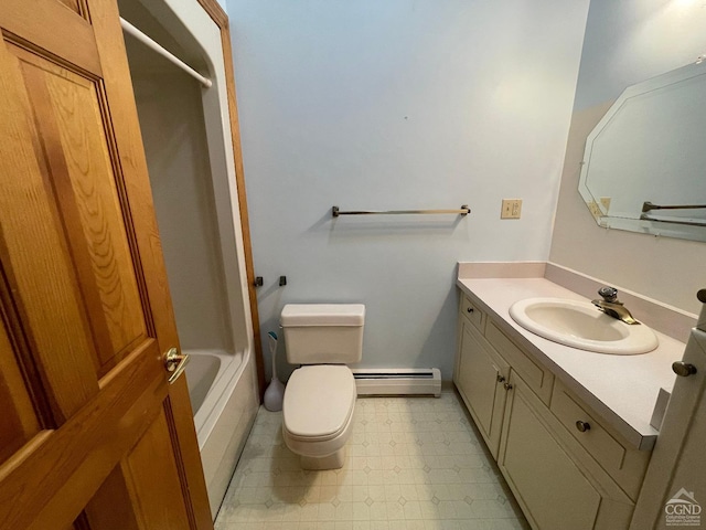 full bathroom with vanity, shower / bathtub combination, toilet, and a baseboard heating unit