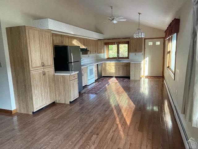 kitchen featuring sink, dark wood-type flooring, a baseboard radiator, electric stove, and light brown cabinetry