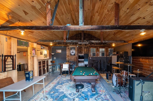 recreation room featuring vaulted ceiling with beams, billiards, concrete floors, and wood ceiling