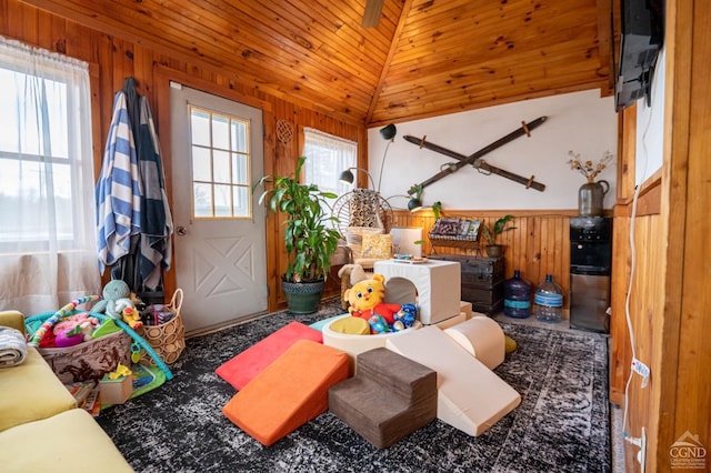 interior space featuring wooden ceiling, a wealth of natural light, wooden walls, and vaulted ceiling