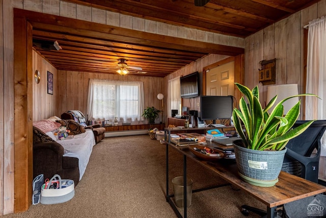 carpeted office space featuring wood ceiling, wooden walls, a ceiling fan, and baseboard heating