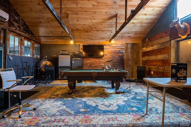 playroom with wood ceiling, wooden walls, pool table, an AC wall unit, and lofted ceiling