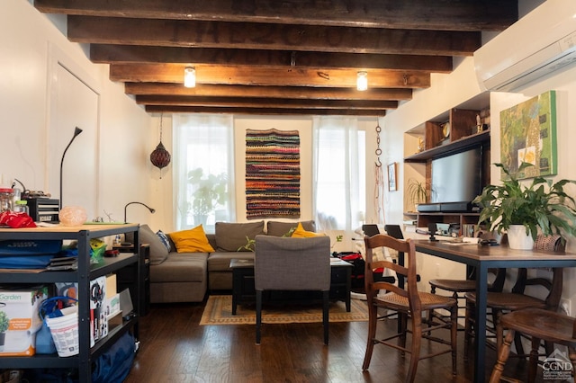 interior space with a wall unit AC, dark wood-style floors, and beam ceiling