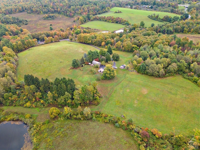 drone / aerial view featuring a water view and a rural view