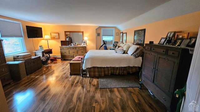 bedroom with hardwood / wood-style flooring, lofted ceiling, and a baseboard heating unit