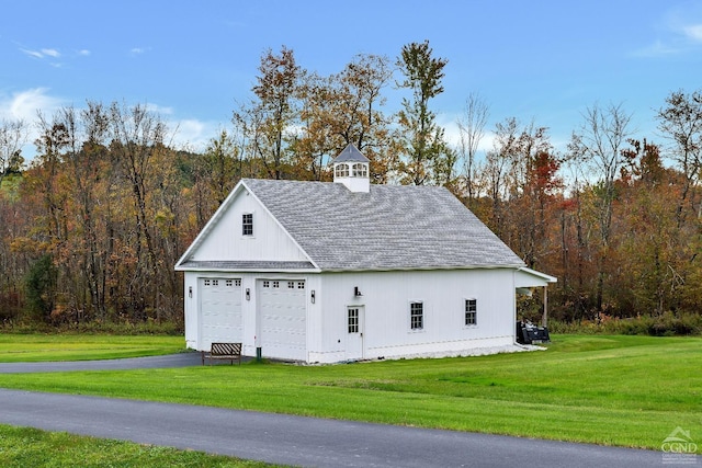 view of outbuilding with a forest view