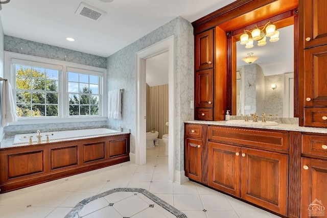 full bath featuring visible vents, wallpapered walls, toilet, a garden tub, and vanity