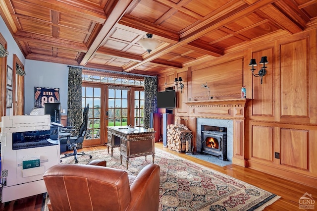 office area featuring french doors, wood ceiling, coffered ceiling, and wood finished floors