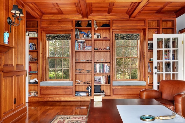 office space with wooden walls, wooden ceiling, coffered ceiling, and hardwood / wood-style floors