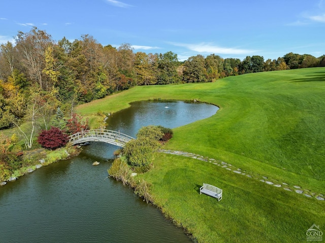 drone / aerial view with a water view