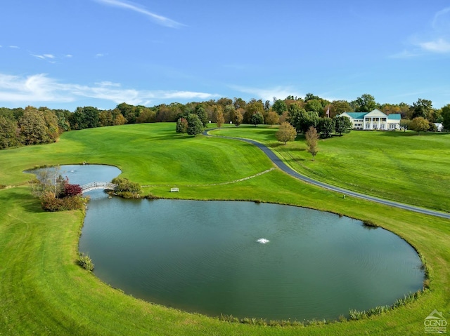 surrounding community with a water view and a lawn