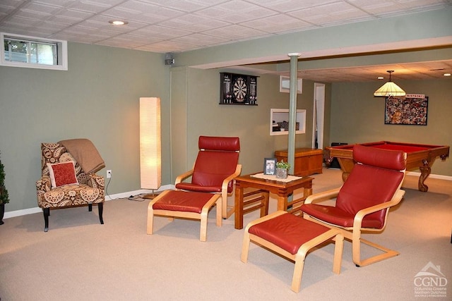playroom with baseboards, billiards, and carpet