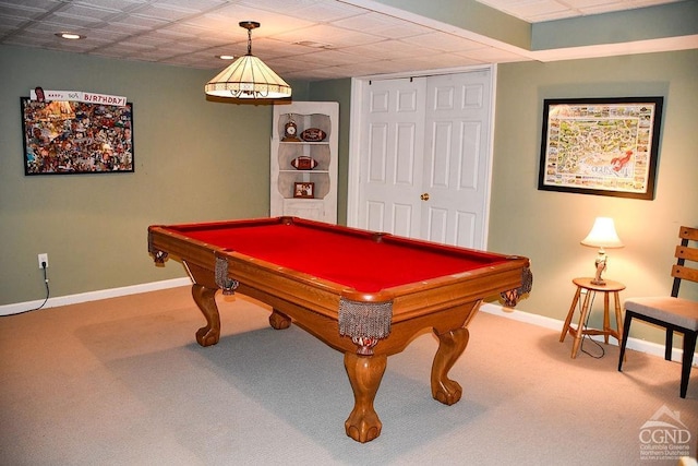 playroom with baseboards, carpet, and billiards