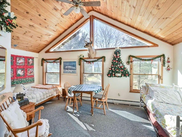 carpeted bedroom featuring ceiling fan, high vaulted ceiling, and wooden ceiling