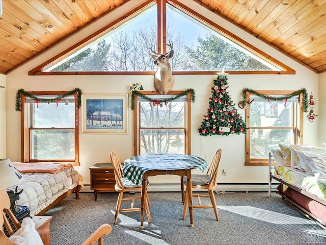 carpeted dining space with high vaulted ceiling, a healthy amount of sunlight, and wood ceiling