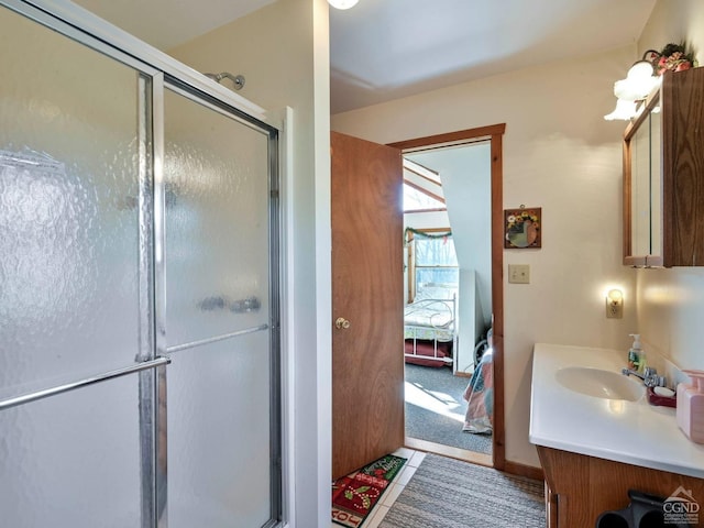 bathroom with vanity, tile patterned floors, and an enclosed shower