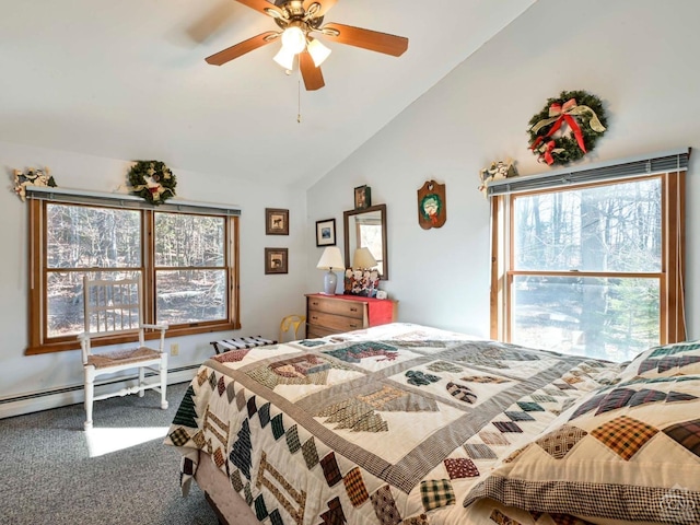 carpeted bedroom featuring baseboard heating, ceiling fan, and lofted ceiling