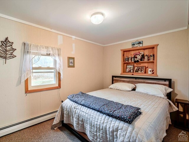 bedroom with carpet floors, a baseboard radiator, and ornamental molding