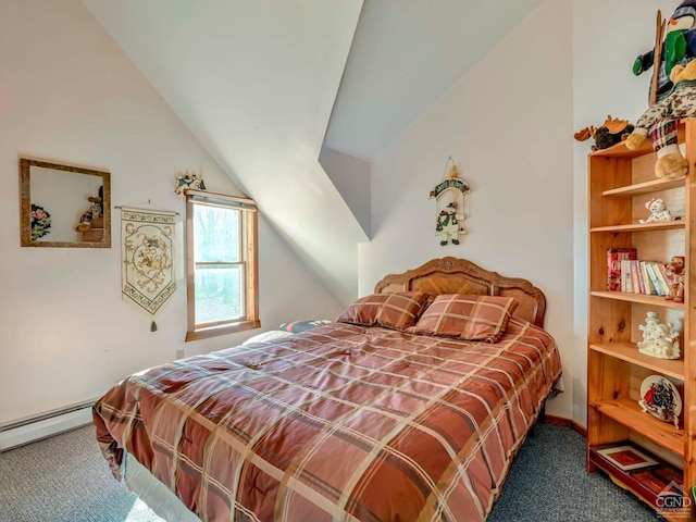 carpeted bedroom featuring a baseboard radiator and vaulted ceiling