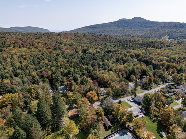 drone / aerial view featuring a mountain view and a view of trees