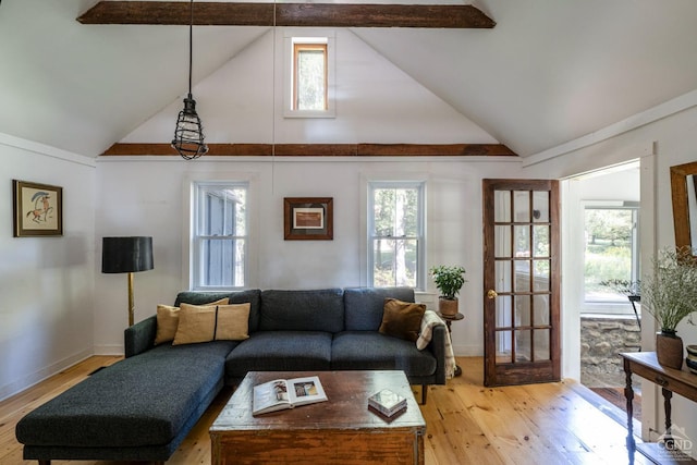 living area featuring light wood-style floors, a healthy amount of sunlight, high vaulted ceiling, and baseboards