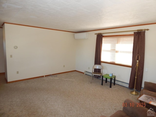 interior space featuring baseboards, a wall unit AC, ornamental molding, carpet flooring, and a baseboard radiator