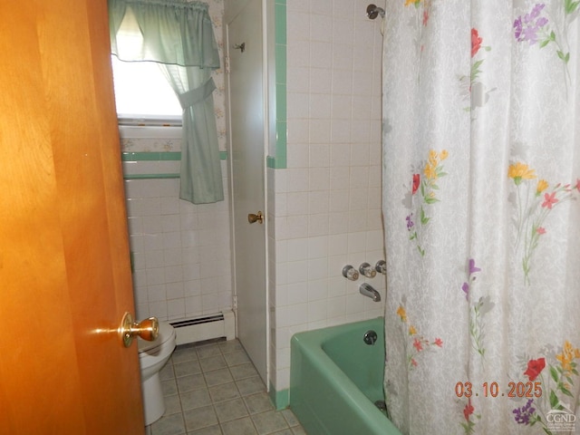 bathroom featuring tile patterned floors, shower / tub combo with curtain, toilet, and baseboard heating