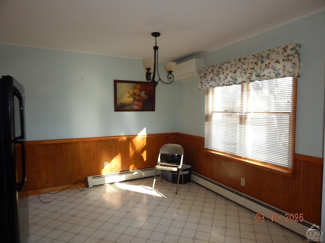 unfurnished room with a wainscoted wall, wooden walls, an AC wall unit, and a baseboard heating unit