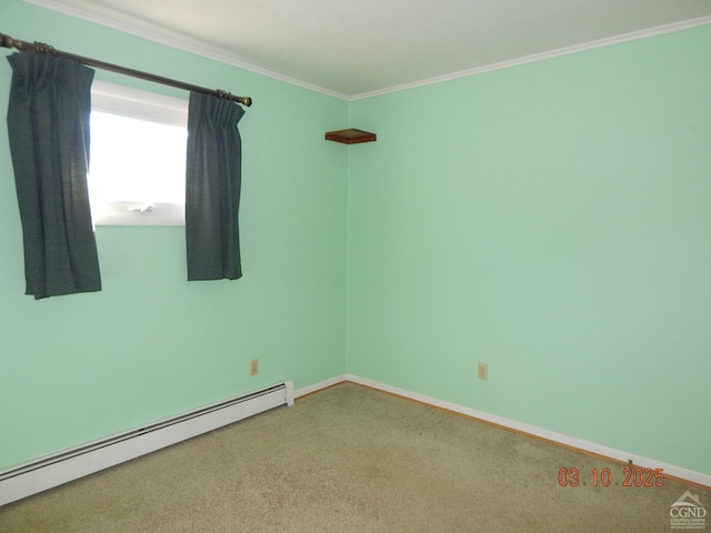 carpeted spare room featuring ornamental molding, baseboards, and a baseboard radiator