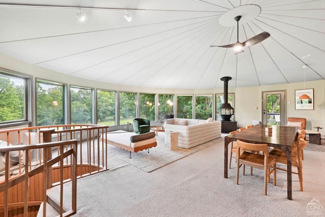 sunroom featuring plenty of natural light, rail lighting, and vaulted ceiling