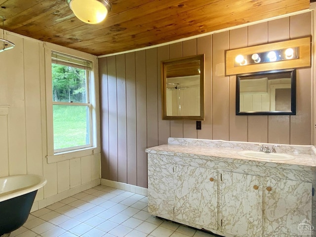 bathroom featuring wood ceiling, tile patterned flooring, wooden walls, vanity, and a bath