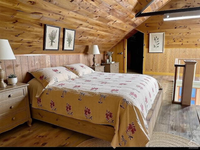 bedroom with lofted ceiling, dark wood-type flooring, wood ceiling, and wooden walls