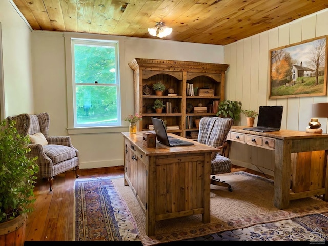 office space featuring wood ceiling and dark hardwood / wood-style flooring