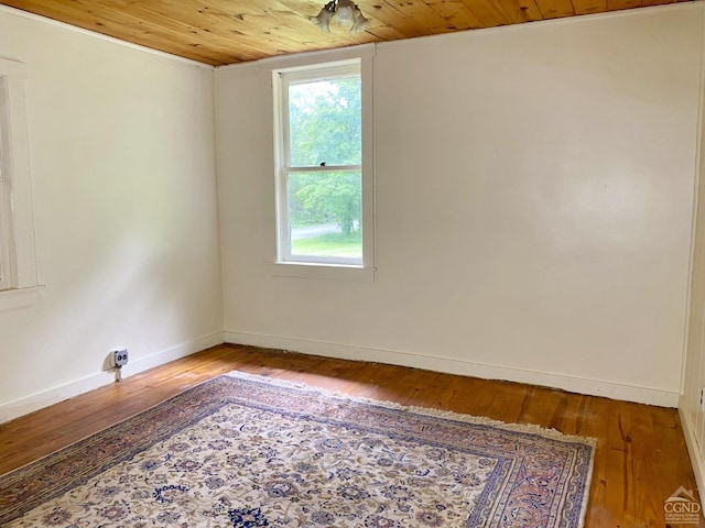 spare room featuring hardwood / wood-style floors and wooden ceiling