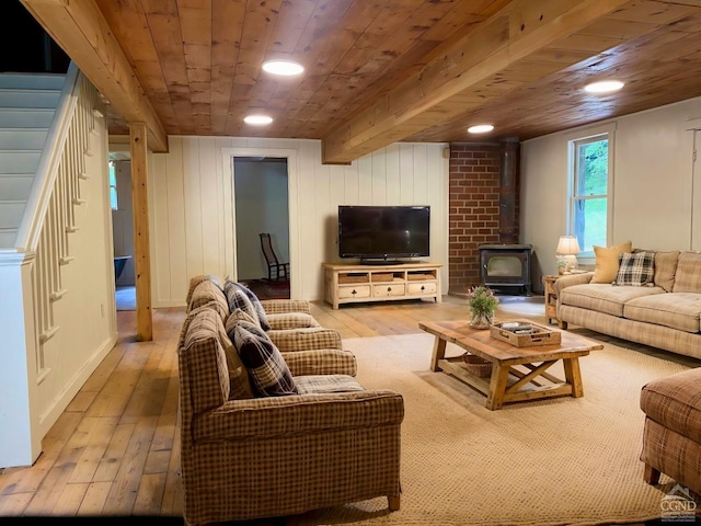 living room with light hardwood / wood-style floors, a wood stove, and wooden ceiling