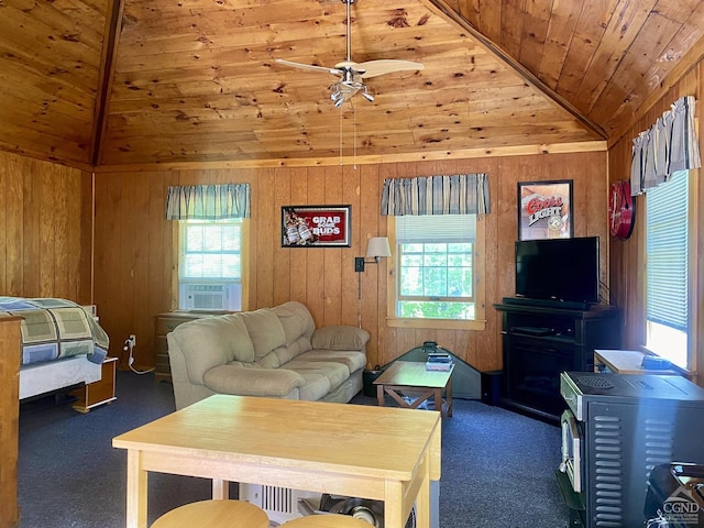 carpeted living room featuring wood walls, lofted ceiling, cooling unit, ceiling fan, and wood ceiling