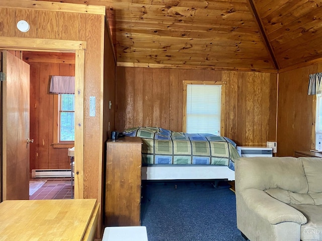 carpeted bedroom with lofted ceiling, ensuite bathroom, wood walls, wooden ceiling, and a baseboard radiator