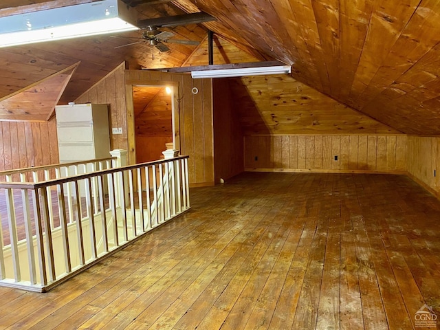 additional living space featuring lofted ceiling, hardwood / wood-style floors, and wood walls