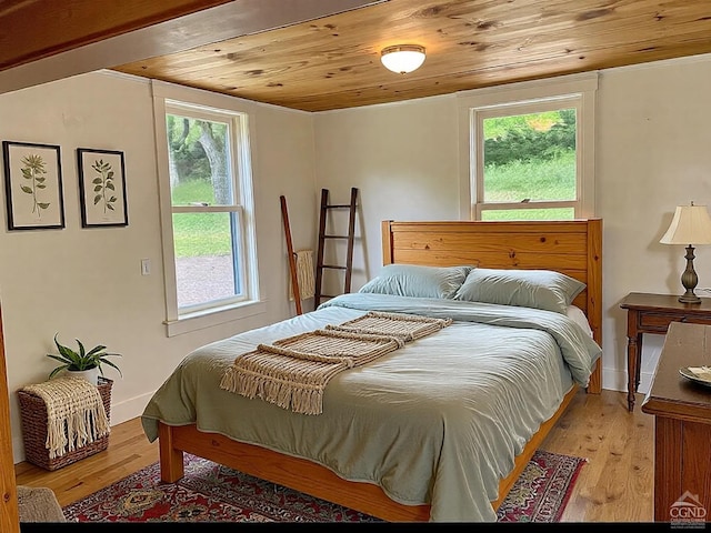 bedroom with wood ceiling and light hardwood / wood-style floors