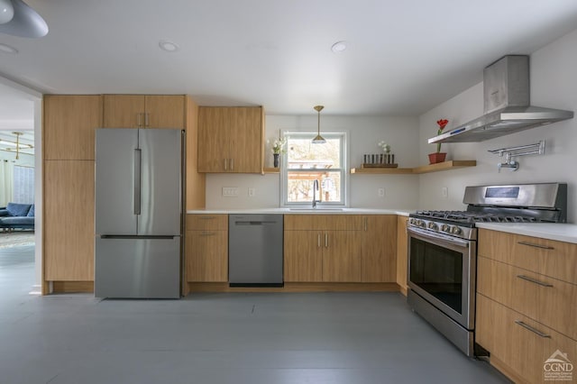 kitchen with a sink, light countertops, appliances with stainless steel finishes, range hood, and open shelves