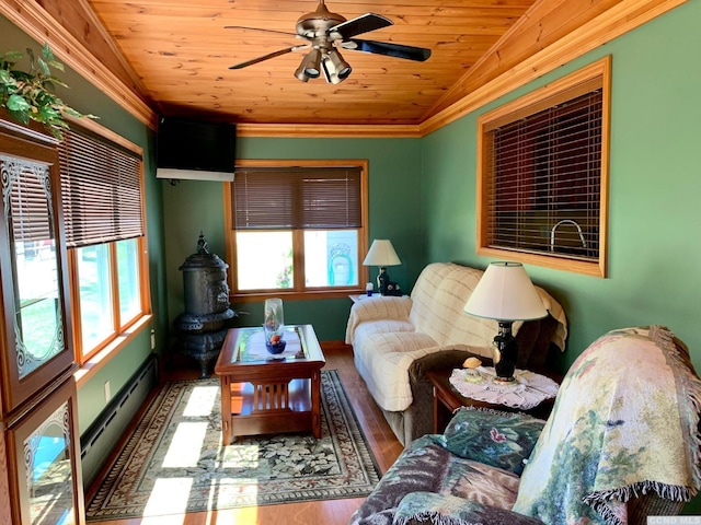 living room with hardwood / wood-style floors, lofted ceiling, wood ceiling, and a baseboard radiator