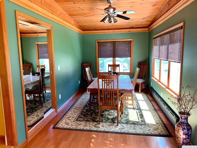 dining area with wooden ceiling, vaulted ceiling, baseboard heating, plenty of natural light, and wood-type flooring