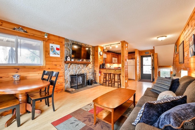 living room featuring a fireplace, track lighting, plenty of natural light, and wood walls