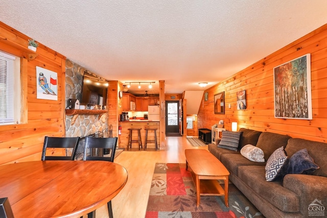 living room featuring a textured ceiling, light wood-type flooring, rail lighting, and wooden walls