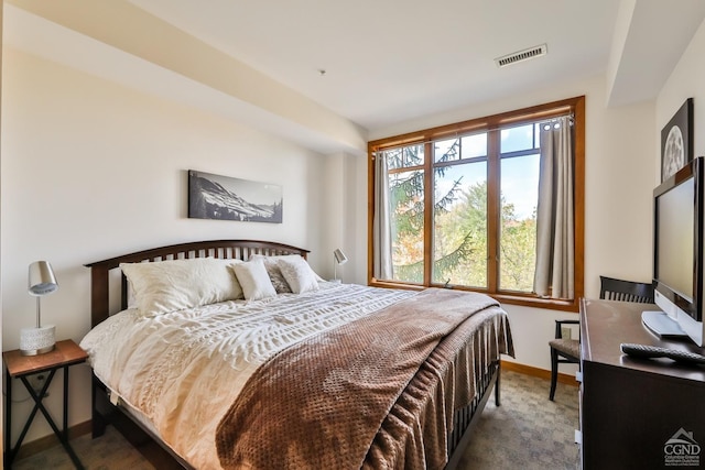 bedroom with dark colored carpet