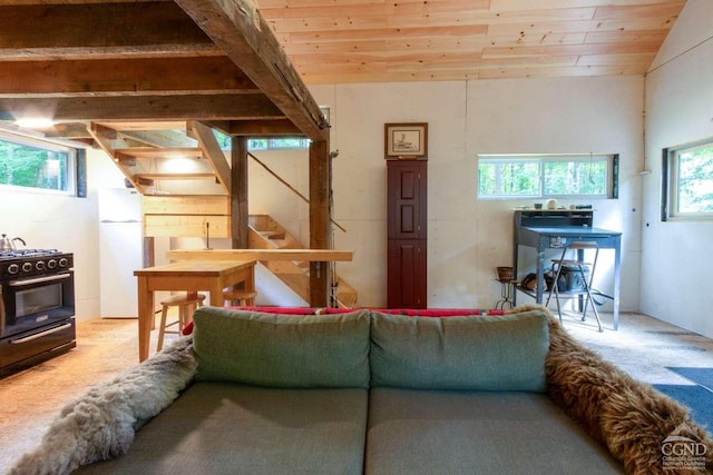 living room with wood ceiling, carpet floors, and vaulted ceiling