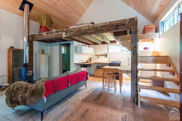 interior space featuring a wood stove, plenty of natural light, wooden ceiling, and vaulted ceiling